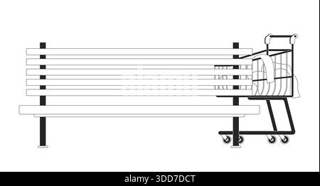 Shopping cart with belongings next to park bench 2D line object Stock Vector