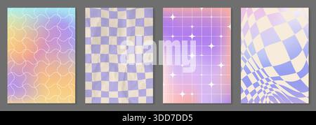 Abstract checkered illusion patterns set. Vector illustration of wavy pastel color squares, psychedelic warped grid tiles, dizzying geometric background, distorted chessboard with gradient design Stock Vector