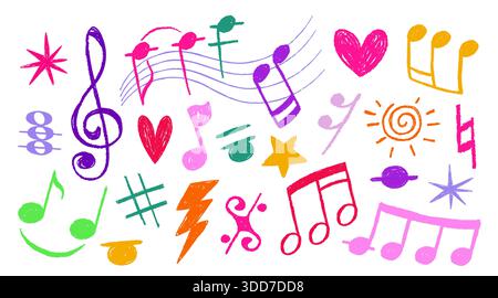 Crayon hand drawn music note doodle set with colorful chalk brush strokes on white background. Playful vector collection includes treble clef, hearts and stars, lightning bolt and staff elements. Stock Vector