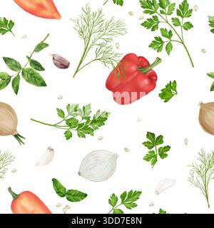 Vegetables and kitchen herbs, on seamless pattern. Watercolor illustration. Peppers and onions, parsley and dill isolated on background. For postcards Stock Photo