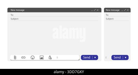Email mockup interface layout. Blank mail window on computer and mobile phone screen. Web message frame template with send button and subject field Stock Vector
