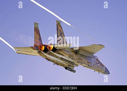 Israeli Air force (IAF) F-15 (Baz) Fighter jet in flight with a blue sky background Stock Photo