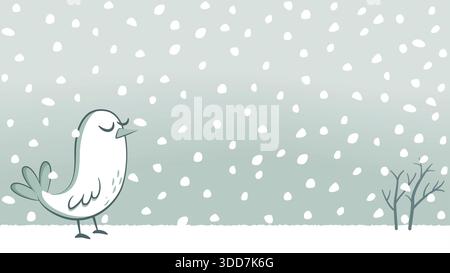 Illustration of a snowy landscape with a small white bird with its eyes closed. Stock Vector