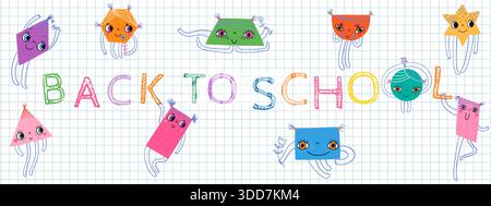 Cute back to school vector background with funny geometric shapes with faces, math banner for kids in preschool and kindergarten Stock Vector