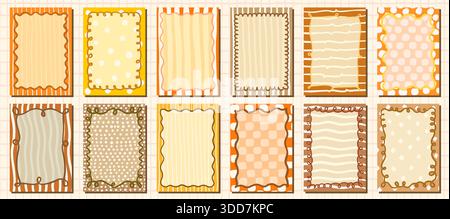Cute colorful wavy vector frames in neutral autumn colors with striped and polka dot patterns, Rectangle shapes with squiggly doodle lines Stock Vector