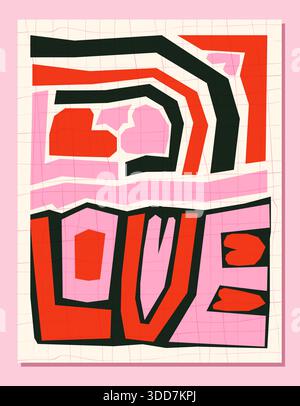 Modern vector geometric greeting card with funky heart shapes and hand written text love, Bold creative Valentine's Day design template, poster, banne Stock Vector