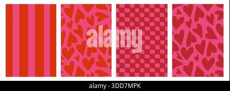 Set of retro whimsical Valentine pattern backgrounds with bold stripes, hearts, and checkered shapes in pink and red. Decorative graphic textures for Stock Vector