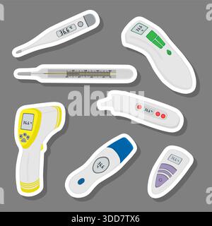 Illustration on theme set different types of thermometers for prevention coronavirus, thermometer consisting of med accessory with prevention coronavi Stock Vector