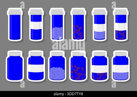 Illustration on theme big colored set different types of pills inside close jar, pill pattern consisting of collection jars with quality control close Stock Vector