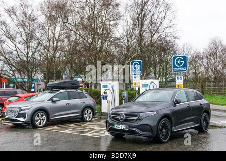 Gridserve recharging points at Moto Southwaite Services on the northbound carriageway of the M6 motorway near Carlisle. Stock Photo