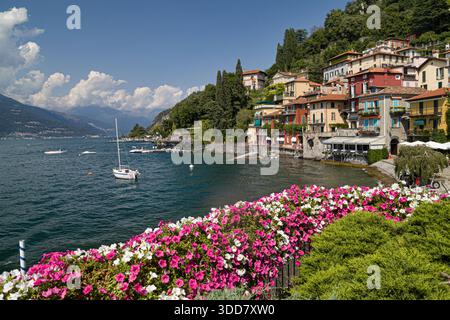 Varenna, Italy - August 21, 2021: View from Varenna along the Passeggiata degli Innamorati, with white and pink flowers in the foreground, calm waters Stock Photo