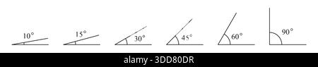 Collection of acute and right angles of triangle. Various angles 10, 15, 30, 45, 60, 90 degree icon set. geometry and trigonometry icon set vector ill Stock Vector