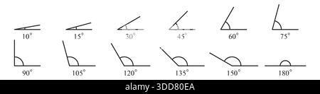 Collection of acute and right angles of triangle. Various angles 10, 15, 30, 45, 60, 75, 90, 105, 120, 135, 150, 180 degree icon set. Stock Vector
