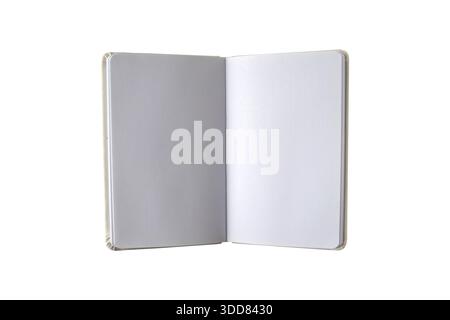Empty open notebook displayed in the center isolated on white background. Clean stationery mockup with wide copy space for notes, planning, publishing Stock Photo
