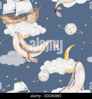 Cute seamless watercolor children's pattern with whales, clouds, ships, and stars on navy blue. Perfect for pajamas, bedding, and children's wallpaper Stock Photo