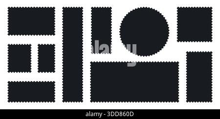 Minimalist Black postage stamp frame set with zigzag edge or Different set of rectangle and square postage frames vector illustration Stock Vector