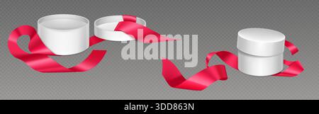 Open round gift boxes set on transparent background. Vector realistic illustration of empty white cylinder package with lid and red silk ribbon, holiday surprise package, sale banner icon design Stock Vector
