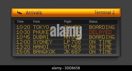 Airport board with flight arrival schedule. Vector realistic LED screen showing plane landing, delay time, destination info, terminal timetable, digital panel with travel information, airline service Stock Vector