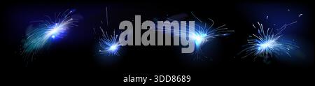 Abstract blue fire sparks set isolated on black background. Vector realistic illustration of firework sparkler effect, welding machine light flare and smoke, holiday celebration flash, explosion flame Stock Vector