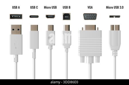 USB cable set with multiple connector types - Type A and C, Micro and USB B, VGA adapter. White realistic modern standard cables with chrome plated ports for computer, phone and laptop connectivity. Stock Vector