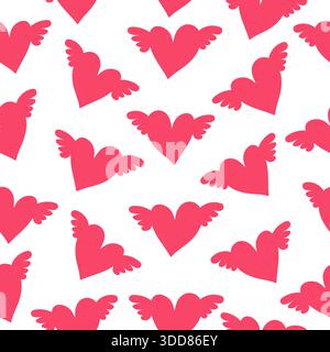 Seamless heart pattern for Valentines Day. Cute hearts with wings Stock Vector