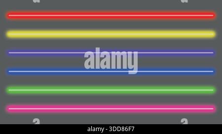 Glowing neon light lines set in different rainbow colors, retro led neon lamp tube Stock Vector