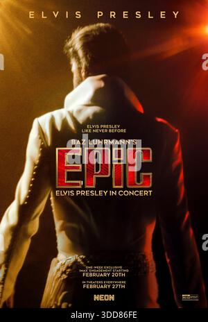 Epic: Elvis Presley in Concert (2026) directed by Baz Luhrmann and starring Elvis Presley, Austin Butler and Tom Hanks. Rarely seen concert footage and stylized recreations combine to present an immersive new vision of Elvis performing live at the height of his powers. US advance poster EDITORIAL USE ONLY. Credit: BFA / Neon Stock Photo