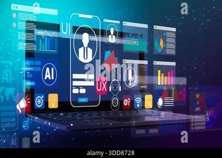 Futuristic laptop with AI, UI and UX interface elements, charts and icons overlay. Concept of app development, data analytics dashboard, digital trans Stock Photo