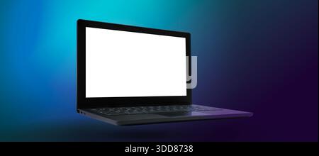 Floating black laptop with blank white screen on blue gradient background. Minimal device mockup for website, app, UI design, presentation, advertisin Stock Photo