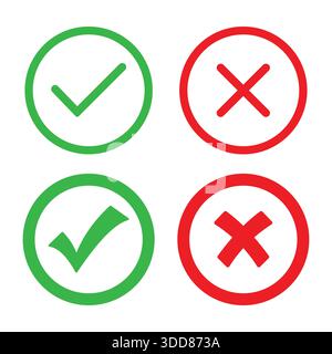 Minimalist green check mark and red cross mark icon set or Right and Wrong or Approved and Declined, Yes or no symbol set Stock Vector