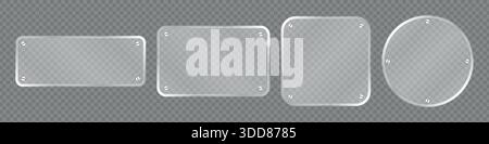 Realistic glass plate with rivets. White acrylic frame with rectangle, square and circle banner with glow stroke vector illustration Stock Vector