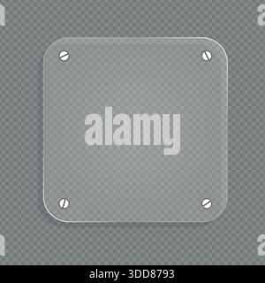 Realistic glass plate with rivets. White acrylic frame with rectangle, square and circle banner with glow stroke vector illustration Stock Vector