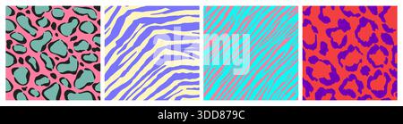 Psychedelic seamless animal patterns set. Vector realistic illustration of neon color leopard, cheetah, zebra, tiger prints with bright spots stripes, y2k groovy wallpaper background, trippy design Stock Vector