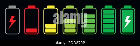 Battery charging indicator icon or discharged and fully charged battery symbol set. Battery level indicators Vector illustration Stock Vector