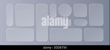 Set of modern Liquid glass glassmorphism UI design elements smartphone interface icons, and buttons, screen mobile for web, app, banners Stock Vector