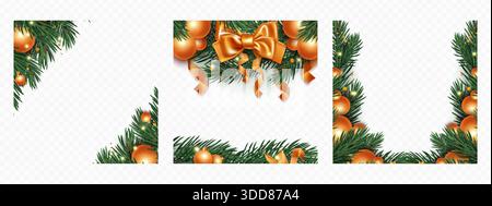 Christmas corner wreath frames with pine branches, golden ornaments and festive ribbon. Decorative evergreen borders with baubles, bow and spruce twigs - xmas holiday corner design elements. Stock Vector
