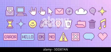 Y2k retro pixel game icons in cute style - computer and hand cursors, mail envelope and CD, cloud and smile, gamepad and music note stickers. Vector art set with 90s interface or nostalgic designs. Stock Vector
