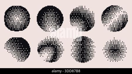Bitmap pixel circle shapes with dot gradient pattern - round abstract art in black and white halftone texture. Vector set for retro digital graphics, mosaic transitions or geometric design elements Stock Vector