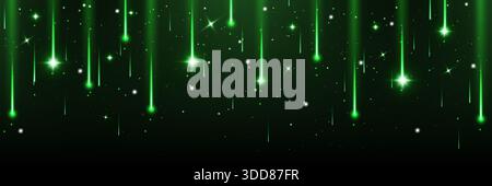Green tech rain on black background. Vector realistic illustration of neon color light lines and sparkling stars falling down, magic holiday firework, festive shimmering effect, futuristic technology Stock Vector