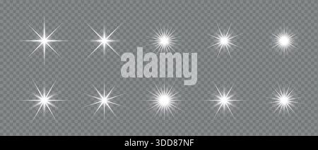 Realistic sun rays with glowing starburst beams, abstract shine, and light effects. Lights flare, star flash light, white sun rays Vector stock Stock Vector