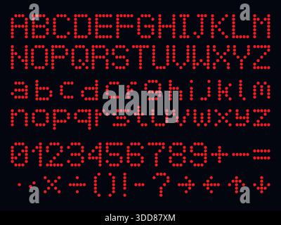 Realistic dot matrix LED uppercase and lowercase alphabet, number and symbol set. Glowing departure board alphabet letters and numbers set. Stock Vector
