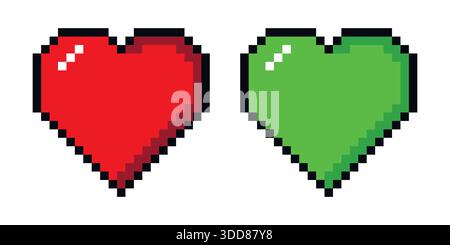 Pixel red and green heart icon for game style symbolizing love with a nostalgic digital twist, nostalgic iconography in digital design, life or gaming Stock Vector