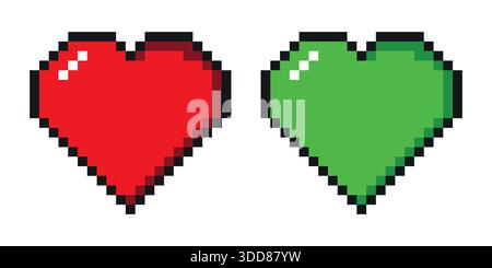 Pixel red and green heart icon for game style symbolizing love with a nostalgic digital twist, nostalgic iconography in digital design, life or gaming Stock Vector
