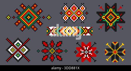 Ukrainian embroidery ornament set with traditional pattern designs in geometric stitch style. Folk vyshyvanka motifs - ethnic cross stitch elements, floral symbols and border decorations for textile Stock Vector