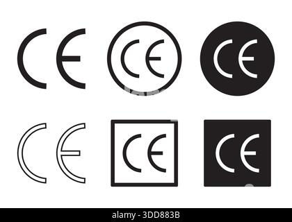 CE Mark Icon Set. European Conformity Certification Signs for Environmental Protection, Health, and Safety Standards in Solid and Outline Style Vector Stock Vector