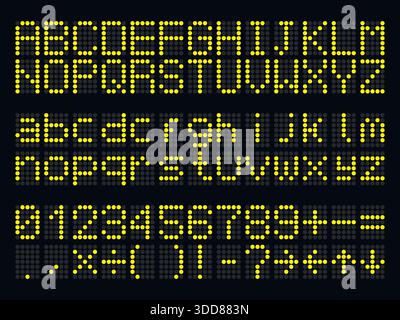 Realistic dot matrix LED uppercase and lowercase alphabet, number and symbol set. Glowing departure board alphabet letters and numbers set. Stock Vector