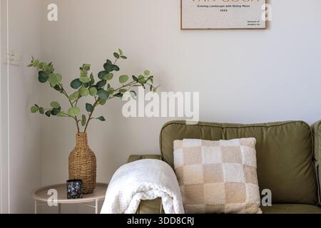 Comfortable green sofa with soft checkered pillow, blanket, and decorative wicker vase Stock Photo