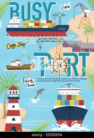 Cartoon busy port with cargo ships, cranes and containers in a shipping dock illustration Stock Vector