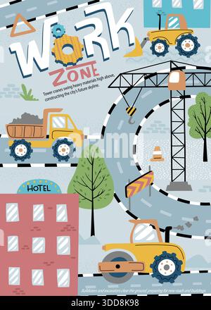Cartoon construction site with cranes, bulldozers and trucks building city infrastructure Stock Vector