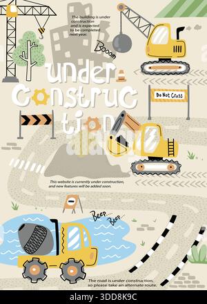 Cartoon construction site with cranes, diggers, and trucks under road and building development Stock Vector